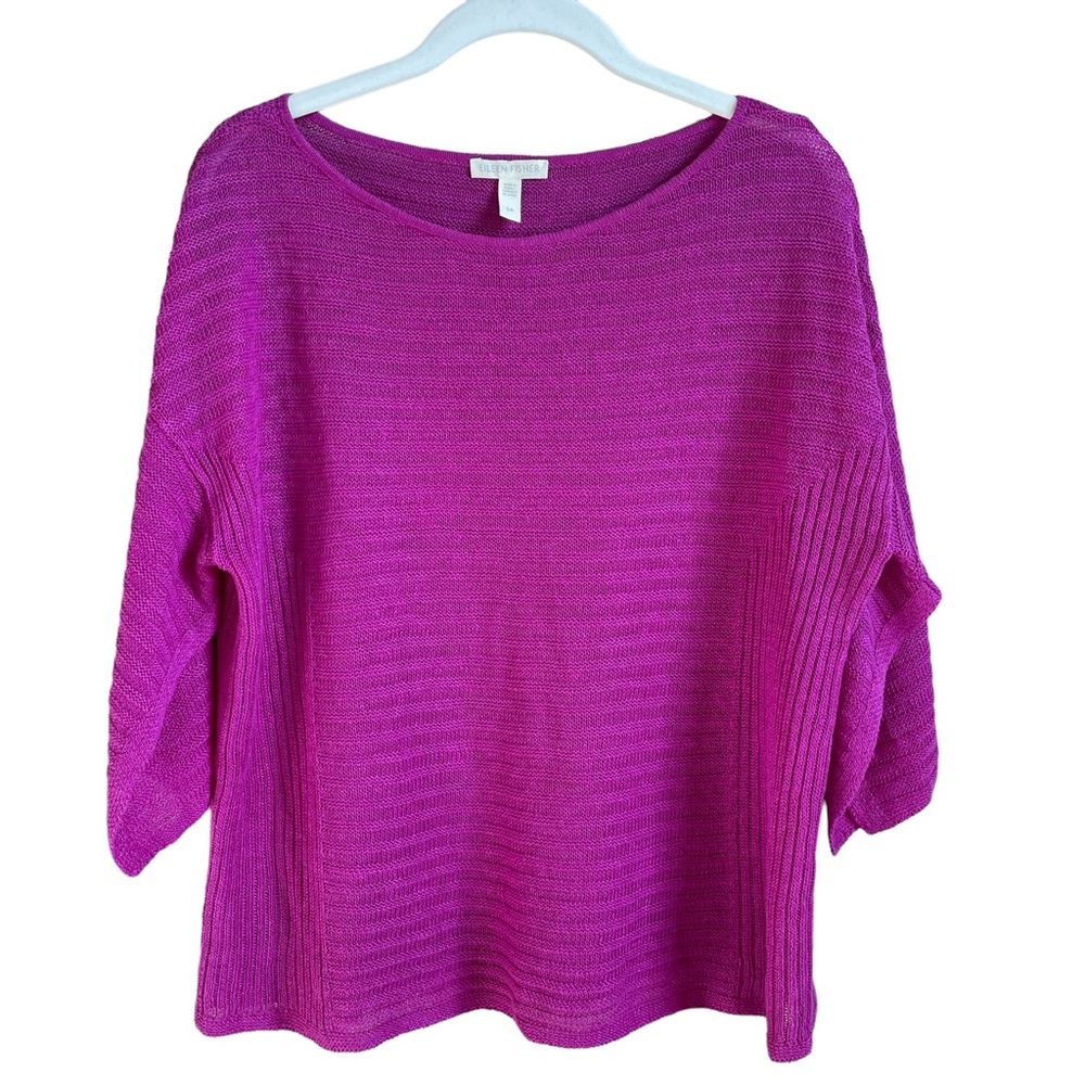 Eileen Fisher 100% Organic Linen Knit Sweater Fuchsia Size Small Coastal Boho